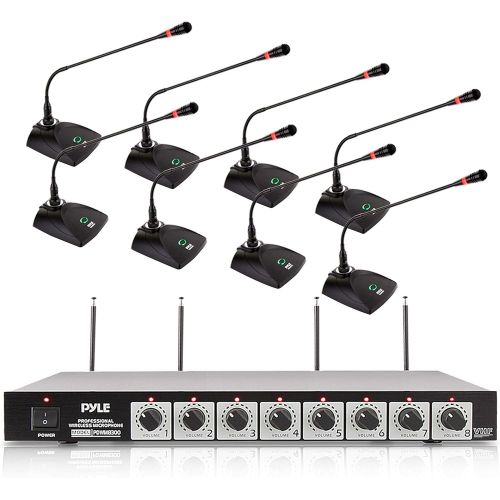  8 Channel Wireless Microphone System - Portable VHF Cordless Audio Mic Set with 1/4 and XLR Output, Dual Antenna, - Includes 8 Table Top Mics, Rack Mountable Receiver Base - Pyle P