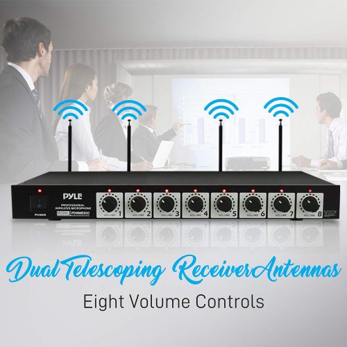  8 Channel Wireless Microphone System - Portable VHF Cordless Audio Mic Set with 1/4 and XLR Output, Dual Antenna, - Includes 8 Table Top Mics, Rack Mountable Receiver Base - Pyle P