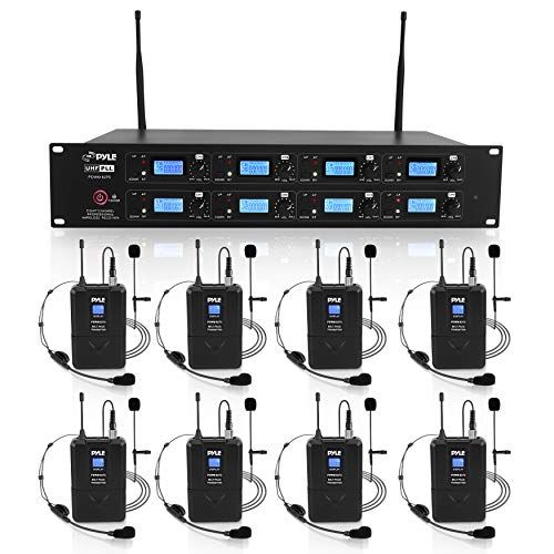  Pyle Professional 8 Channel UHF Wireless Microphone & Receiver System 8 Belt Pack Transmitters 8 Headsets & 8 Lavalier Lapel Mics RF & AF Radio/Audio Frequency Digital Display (PDW