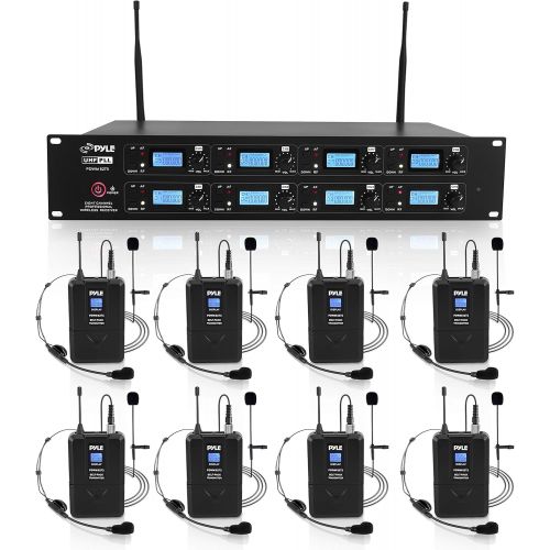  Pyle Professional 8 Channel UHF Wireless Microphone & Receiver System 8 Belt Pack Transmitters 8 Headsets & 8 Lavalier Lapel Mics RF & AF Radio/Audio Frequency Digital Display (PDW