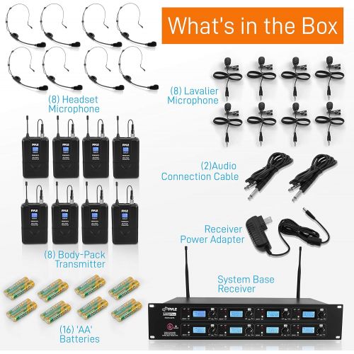  Pyle Professional 8 Channel UHF Wireless Microphone & Receiver System 8 Belt Pack Transmitters 8 Headsets & 8 Lavalier Lapel Mics RF & AF Radio/Audio Frequency Digital Display (PDW