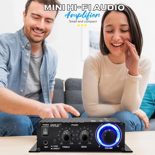 Pyle Home Mini Audio Amplifier - 60W Portable Dual Channel Surround Sound HiFi Stereo Receiver w/ 12V AC Adapter, AUX, MIC IN, Supports Smart Phone, iPhone, iPod, MP3 For 2-8ohm Sp