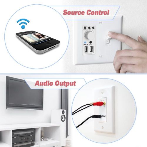  Pyle Bluetooth Receiver Wall Mount - In-Wall Audio Control Receiver w/ Dual USB Charging Port, 3.5mm AUX Input for Sound Systems - for Home Theater Entertainment - Includes DC Powe