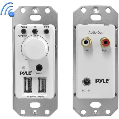  Pyle Bluetooth Receiver Wall Mount - In-Wall Audio Control Receiver w/ Dual USB Charging Port, 3.5mm AUX Input for Sound Systems - for Home Theater Entertainment - Includes DC Powe