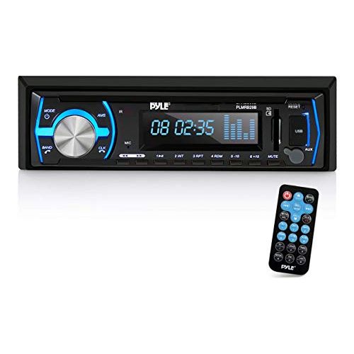  Pyle Marine Bluetooth Stereo Radio - 12v Single DIN Style Boat In dash Radio Receiver System with Built-in Mic, Digital LCD, RCA, MP3, USB, SD, AM FM Radio - Remote Control - PLMRB