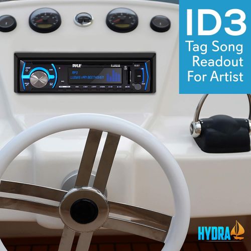  Pyle Marine Bluetooth Stereo Radio - 12v Single DIN Style Boat In dash Radio Receiver System with Built-in Mic, Digital LCD, RCA, MP3, USB, SD, AM FM Radio - Remote Control - PLMRB