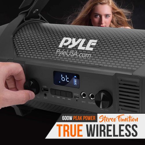  Pyle Wireless Portable Bluetooth Boombox Speaker - 600W Rechargeable Boom Box Speaker Portable Barrel Loud Stereo System with AUX Input, USB, 1/4 Mic in, Fm Radio, Dual 4 Subwoofer - Py