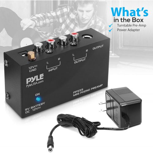  Pyle Phono Turntable Preamp - Mini Electronic Audio Stereo Phonograph Preamplifier with 9V Battery Compartment, Separate DC 12V Power Adapter, RCA Input, RCA Output & Low Noise Ope