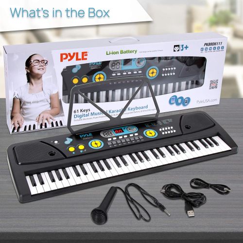  Digital Piano Kids Keyboard - Portable 61 Key Piano Keyboard, Learning Keyboard for Beginners w/ Drum Pad, Recording, Microphone, Music Sheet Stand, Built-in Speaker - Pyle PKBRD61