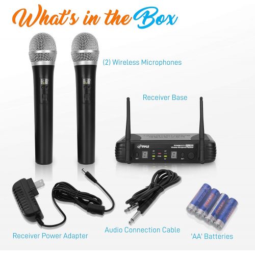  Pyle Professional Wireless Microphone System - Dual UHF Band, Wireless, Handheld, 2 MICS With 8 Selectable Frequency Channels, Independent Volume Controls, AF & RF Signal Indicators - P