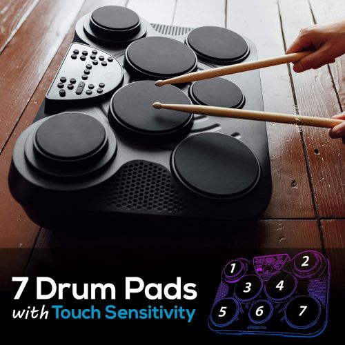  Pyle Portable Drums, Tabletop Drum Set, 7 Pad Digital Drum Kit, Touch Sensitivity, Wireless Electric Drums, Drum Machine, Electric Drum Pads, LED Display, Mac & PC - PTED01