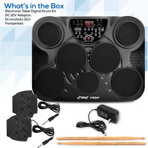 Pyle Portable Drums, Tabletop Drum Set, 7 Pad Digital Drum Kit, Touch Sensitivity, Wireless Electric Drums, Drum Machine, Electric Drum Pads, LED Display, Mac & PC - PTED01