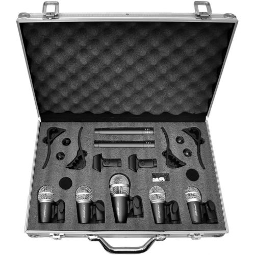  PYLE-PRO Pyle 7-Piece Wired Dynamic Kit-Kick Bass, Tom/Snare & Cymbals Microphone Set-for Drums, Vocal, Other Instrument-Complete with Thread Clip, Inserts, Mics Holder & Case-PDKM