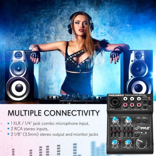  Pyle 5 Channel Audio Mixer - DJ Sound Controller Interface with USB Soundcard for PC Recording, XLR 3.5mm Microphone Jack, 18V Power, RCA Input and Output for Professional and Beginners