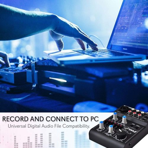  Pyle 5 Channel Audio Mixer - DJ Sound Controller Interface with USB Soundcard for PC Recording, XLR 3.5mm Microphone Jack, 18V Power, RCA Input and Output for Professional and Beginners