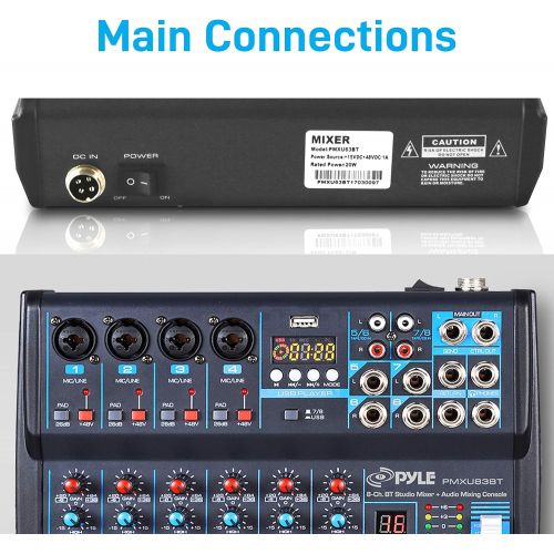  Professional Audio Mixer Sound Board Console Desk System Interface 8 Channel Digital USB Bluetooth MP3 Computer Input 48V Phantom Power Stereo DJ Studio FX 16Bit DSP Processor Pyle