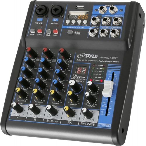  Pyle Professional Audio Mixer Sound Board Console System Interface 4 Channel Digital USB Bluetooth MP3 Computer Input 48V Phantom Power Stereo DJ Studio Streaming FX 16-Bit DSP pro