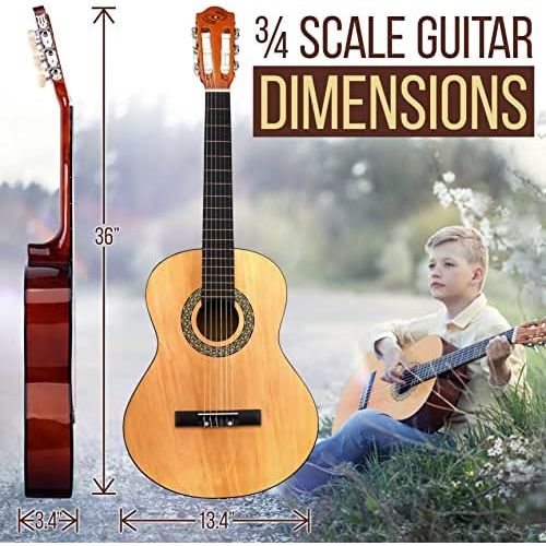  Pyle Beginner 36” Classical Acoustic Guitar - 6 String Junior Linden Wood Traditional Guitar w/Wooden Fretboard, Case Bag, Tuner, Nylon Strings, Picks, Cloth, Great for Beginners, Child