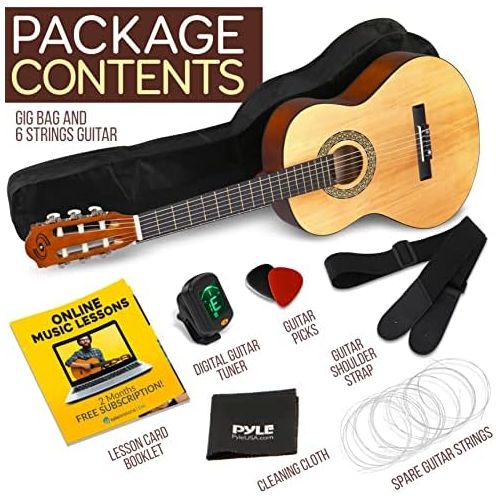  Pyle Beginner 36” Classical Acoustic Guitar - 6 String Junior Linden Wood Traditional Guitar w/Wooden Fretboard, Case Bag, Tuner, Nylon Strings, Picks, Cloth, Great for Beginners, Child