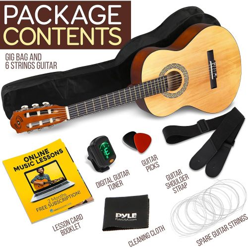  Pyle Beginner 36” Classical Acoustic Guitar - 6 String Junior Linden Wood Traditional Guitar w/Wooden Fretboard, Case Bag, Tuner, Nylon Strings, Picks, Cloth, Great for Beginners, Child