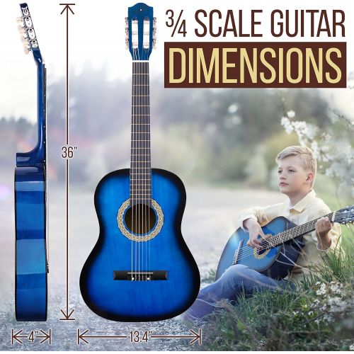  Beginner 36” Classical Acoustic Guitar - 6 String Junior Linden Wood Guitar w/ Wooden Fretboard, Gig Bag, Tuner, Nylon Strings, Picks, Strap, For Beginners, Kids Adults - Pyle PGAC
