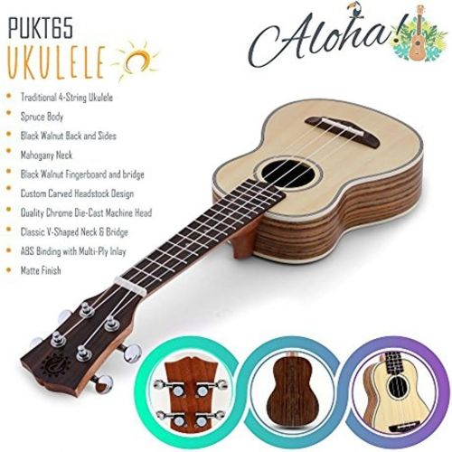  Solid Wood Spruce Soprano Ukulele Professional Instrument with Spruce Face, Mahogany Neck, Black Walnut Fingerboard & Bridge - Pyle Pro PUKT65