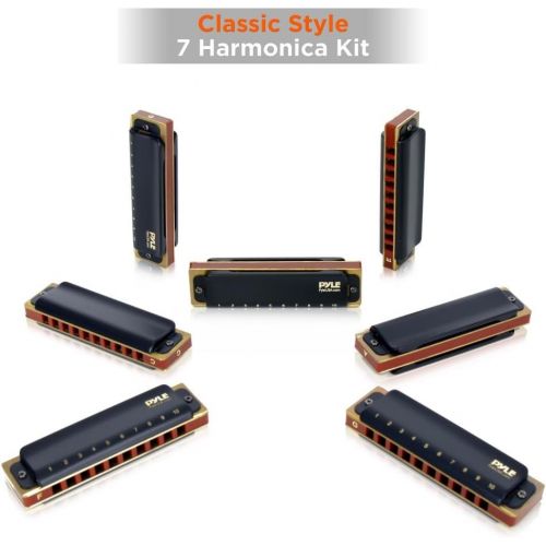  Pyle Professional Brass Metal Covered 10 Hole 7 Piece Diatonic Harmonica Kit - Blues Harp Set Includes Storage Case and Polishing Cloth - Key of C -Great for Pro, Beginner Lessons