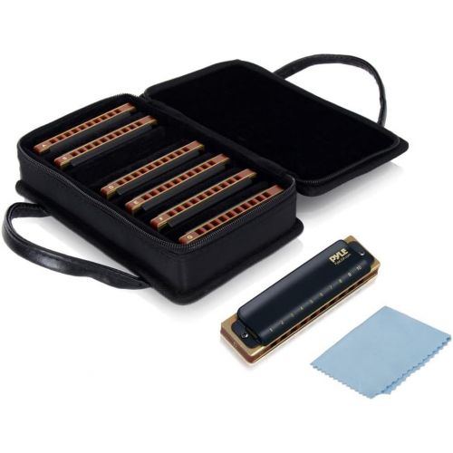  Pyle Professional Brass Metal Covered 10 Hole 7 Piece Diatonic Harmonica Kit - Blues Harp Set Includes Storage Case and Polishing Cloth - Key of C -Great for Pro, Beginner Lessons