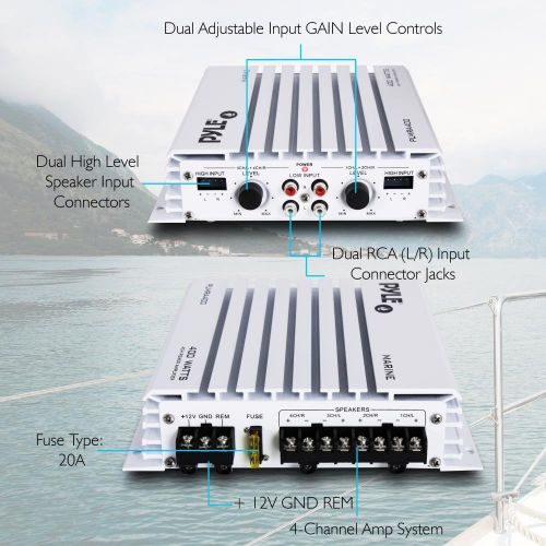  Pyle Hydra Marine Amplifier - Upgraded Elite Series 400 Watt 4 Channel Audio Amplifier - Waterproof, Dual MOSFET Power Supply, GAIN Level Controls, RCA Stereo Input & LED Indicator