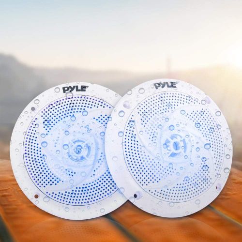  Low-Profile Waterproof Marine Speakers - 240W 6.5 Inch 2 Way 1 Pair Slim Style Waterproof Weather Resistant Outdoor Audio Stereo Sound System w/Blue Illuminating LED Lights - Pyle