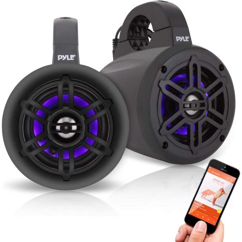  Waterproof Marine Wakeboard Tower Speakers - 4 Inch Dual Subwoofer Speaker Set w/LED Lights & Bluetooth for Wireless Music Streaming - Boat Audio System w/Mounting Clamps - Pyle PL