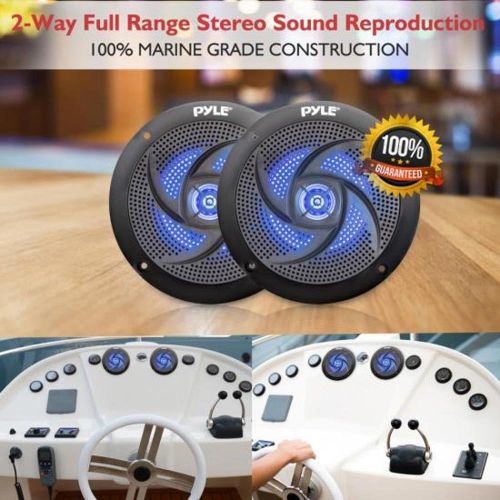  Low-Profile Waterproof Marine Speakers - 100W 4 Inch 2 Way 1 Pair Slim Style Waterproof Weather Resistant Outdoor Audio Stereo Sound System w/ Blue Illuminating LED Lights - Pyle (