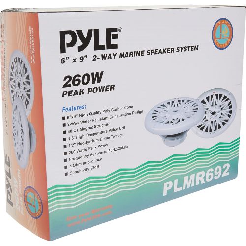  Pyle 6x9 Inch Dual Marine Speakers - 2 Way Waterproof and Weather Resistant Outdoor Audio Stereo Sound System with 260 Watt Power, Poly Carbon Cone and Cloth Surround - 1 Pair - PLMR692