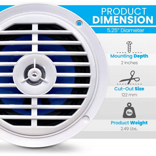  5.25 Inch Dual Marine Speakers - 2 Way Waterproof and Weather Resistant Outdoor Audio Stereo Sound System with 100 Watt Power, Polypropylene Cone and Cloth Surround - 1 Pair - PLMR