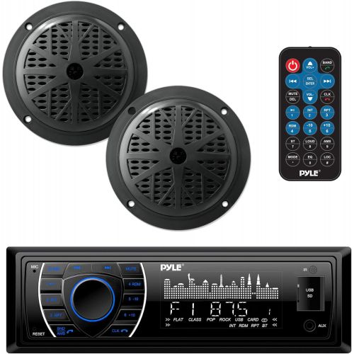  Pyle Marine Headunit Receiver Speaker Kit - In-Dash LCD Digital Stereo Built-in Bluetooth & Microphone w/ AM FM Radio System 5.25’’ Waterproof Speakers (2) MP3/SD Readers & Remote