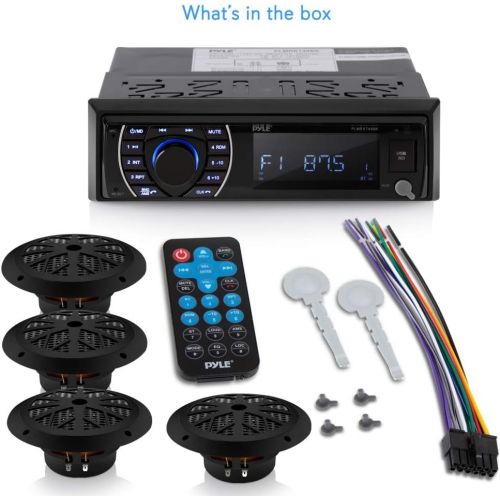  Pyle Marine Head Unit Receiver Speaker Kit - In-Dash LCD Digital Stereo Built-in Bluetooth & Microphone w/ AM FM Radio System 6.5’’ Waterproof Speakers (4) MP3/SD Readers & Remote Contr