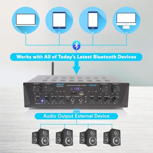  [아마존베스트]Pyle 500W Karaoke Wireless Bluetooth Amplifier - 4 Channel Stereo Audio Home Theater Speaker Sound Power Receiver w/ AUX IN, FM, RCA Subwoofer Speakers OUT, USB, Microphone IN w/ Echo -