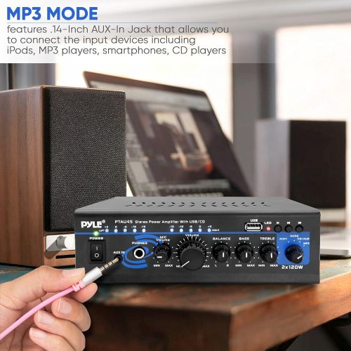  [아마존베스트]Pyle 2X120 Watt Home Audio Power Amplifier - Portable 2 Channel Surround Sound Stereo Receiver w/ USB IN - For Amplified Subwoofer Speaker, CD DVD, MP3, iPhone, Phone, Theater, PA