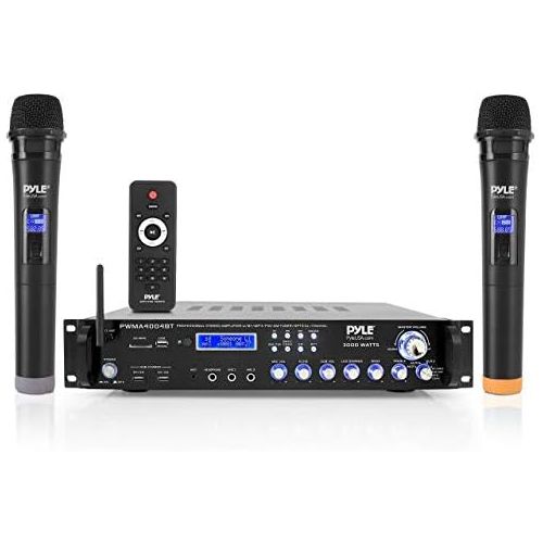  [아마존베스트]Pyle Bluetooth Multi-Channel Hybrid Pre-Amplifier System - 3000W Home Audio Rack Mount Stereo Power Amplifier Receiver w/ Radio, USB, UHF, Dual Wireless Karaoke mic, Speaker Sound Syste