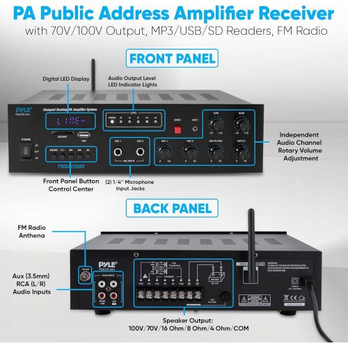  [아마존베스트]Pyle Wireless Bluetooth Public Address Amplifier - 500W Compact Mini Digital Home Power Audio Sound PA Receiver System w/ 70V 100V Output, Mic Input, Radio, USB, Remote For 4-16ohm Spea