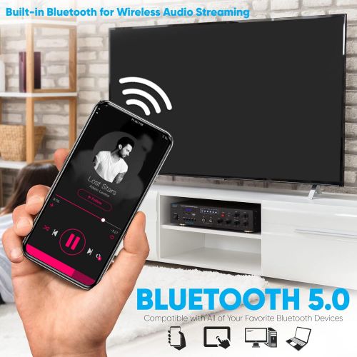  [아마존베스트]Pyle Wireless Bluetooth Public Address Amplifier - 500W Compact Mini Digital Home Power Audio Sound PA Receiver System w/ 70V 100V Output, Mic Input, Radio, USB, Remote For 4-16ohm Spea