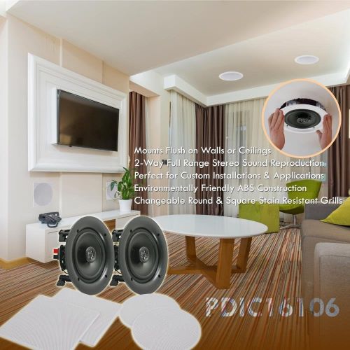 [아마존베스트]Pyle Pair 10” Flush Mount in-Wall in-Ceiling 2-Way Speaker System Spring Loaded Quick Connections Changeable Round/Square Grill Stereo Sound Polypropylene Cone Polymer Tweeter 300