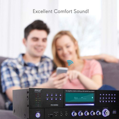  [아마존베스트]Pyle 4-Channel Wireless Bluetooth Power Amplifier - 1000W Stereo Speaker Home Audio Receiver w/ FM Radio, USB, Headphone, 2 Microphone w/ Echo, Front Loading CD DVD Player, LED, Rack Mo