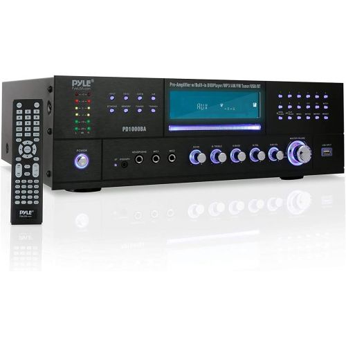  [아마존베스트]Pyle 4-Channel Wireless Bluetooth Power Amplifier - 1000W Stereo Speaker Home Audio Receiver w/ FM Radio, USB, Headphone, 2 Microphone w/ Echo, Front Loading CD DVD Player, LED, Rack Mo