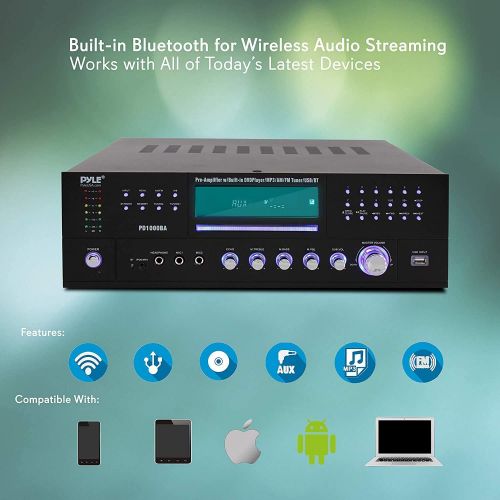  [아마존베스트]Pyle 4-Channel Wireless Bluetooth Power Amplifier - 1000W Stereo Speaker Home Audio Receiver w/ FM Radio, USB, Headphone, 2 Microphone w/ Echo, Front Loading CD DVD Player, LED, Rack Mo