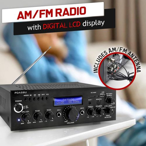  [아마존베스트]Pyle PDA5BU.0 200W Audio Stereo Receiver-Wireless Bluetooth Power Amplifier Home Entertainment System w/AUX in, USB Port, 2 Karaoke Microphone Input, Remote