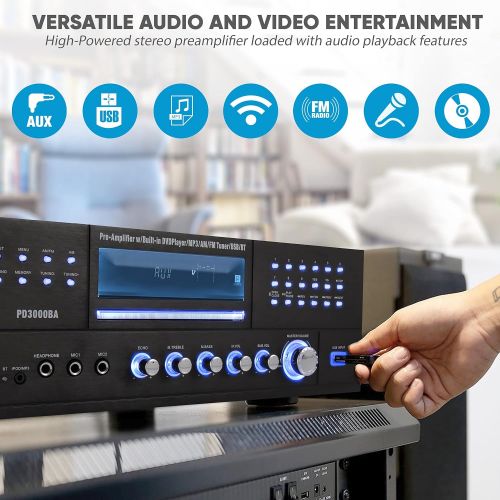  [아마존베스트]4-Channel Karaoke Home Wireless Microphone Amplifier - Audio Stereo Receiver System, Built-in CD DVD Player, Dual UHF Wireless Mic/MP3/USB Reader, AM/FM Radio - Pyle PWMA5000BA