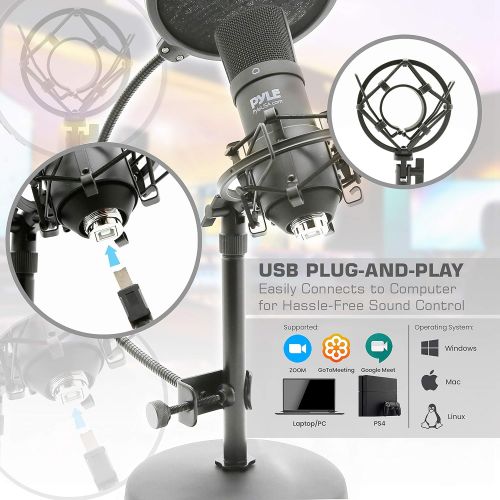  [아마존베스트]Pyle USB Microphone Podcast Recording Kit - Audio Cardioid Condenser Mic w/ Desktop Stand and Pop Filter - For Gaming PS4, Streaming, Podcasting, Studio, Youtube, Works w/ Windows Mac P