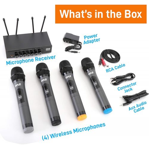  [아마존베스트]Pyle Portable UHF Wireless Microphone System - Battery Operated Four Bluetooth Cordless Microphone Set with 50 Channels Selectable Frequency, Receiver Base, AUX, for PA Karaoke DJ Party