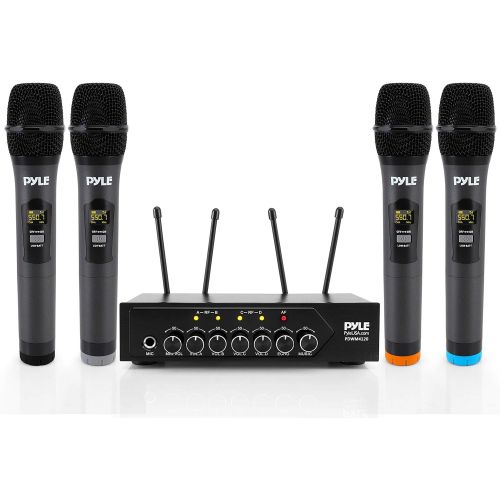  [아마존베스트]Pyle Portable UHF Wireless Microphone System - Battery Operated Four Bluetooth Cordless Microphone Set with 50 Channels Selectable Frequency, Receiver Base, AUX, for PA Karaoke DJ Party